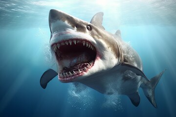 Model of a dangerous predatory white shark with open mouth underwater AI Generative AI