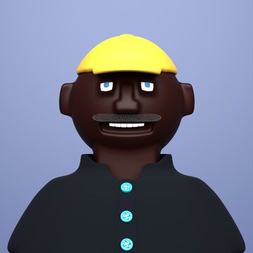 funny smiling african american adult man with moustaches wearing black shirt and yellow baseball cap . 3d character illustration render 