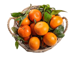 PNG.  Basket with tangerines and green leaves