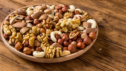 mix of nuts on a wooden table - generative ai