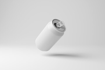 White soda can in mid air with shadow on white background creating monochrome style.  Illustration of the concept of minimalism and beverage industry