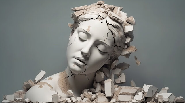 Damaged statue of young woman, head of broken female sculpture, generative AI.