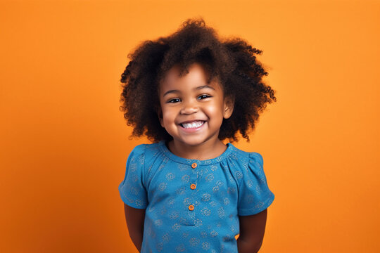 Black little girl on orange studio background, cute child portrait, generative AI.