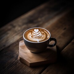Latte Art Design on Rustic Wood Background in Coffee Cup