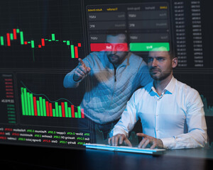 Two Caucasian bearded men are discussing stock charts on a virtual screen. HUD menu.