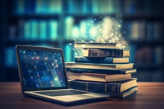 online education concept with laptop and books stack with library background, generative AI
