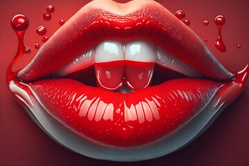 Big fat lips, close up. plump glossy lips - obrazy, fototapety, plakaty