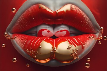 Big fat lips, close up. plump glossy lips - obrazy, fototapety, plakaty