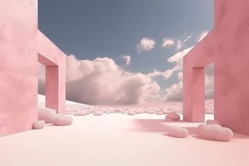  surreal pink landscape background with arch, blue sky. of mockup of presentation podium. generative ai, ai, generative © Svetlana