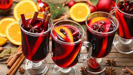 Tasty mulled wine with spices on wooden table - generative ai