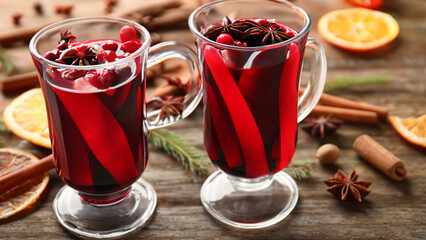 Tasty mulled wine with spices on wooden table - generative ai