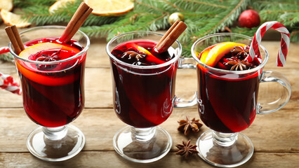 Tasty mulled wine with spices on wooden table - generative ai