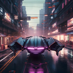ultra speed cyberpunk flying car in future