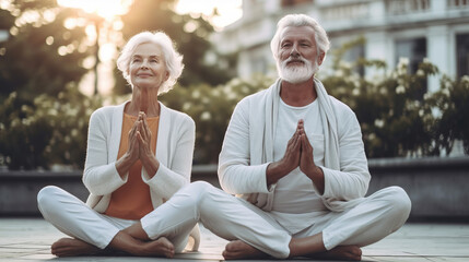 Fototapeta na wymiar Happy positive fit mature couple of senior woman and man practicing partner yoga on open fresh air outside. Created with Generative AI technology.