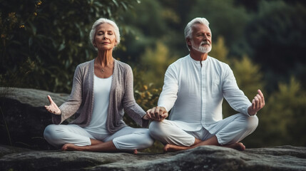 Fototapeta na wymiar Happy positive fit mature couple of senior woman and man practicing partner yoga on open fresh air outside. Created with Generative AI technology.