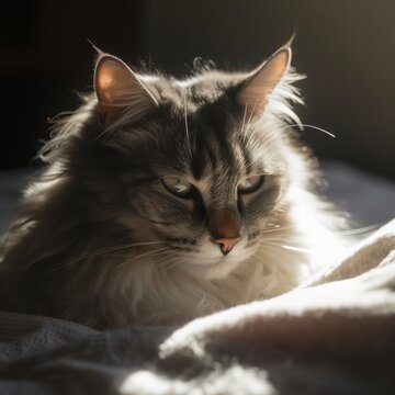 Contented American Curl on Soft Blanket in Sunbeam