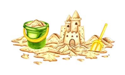 Watercolor illustration of a sand castle, pail and scoop. A sign of fun, joy, childhood, relaxation. Tropical marine clipart. Sandy surface for creating compositions for decorating souvenirs, postcard