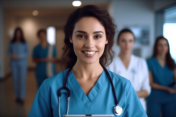 A woman in scrubs and a stethoscope standing in front of a created with Generative AI technology