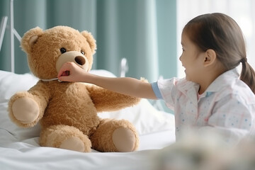 A little girl playing with a teddy bear on a bed created with Generative AI technology
