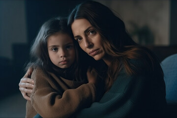 Sad, communication and a mother with a child for love, empathy and listening to a problem created with Generative AI technology