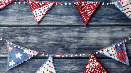 Patriotic American Themed Fourth of July Bunting Decoration Flat Lay - on Aged Blue Wood Backdrop with Copy Space - 4th of July Crafts - Cloth in USA Red, White, and Blue Flag Colors - Generative AI