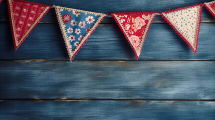 Obraz premium Patriotic American Themed Fourth of July Bunting Decoration Flat Lay - on Aged Blue Wood Backdrop with Copy Space - 4th of July Crafts - Cloth in USA Red, White, and Blue Flag Colors - Generative AI