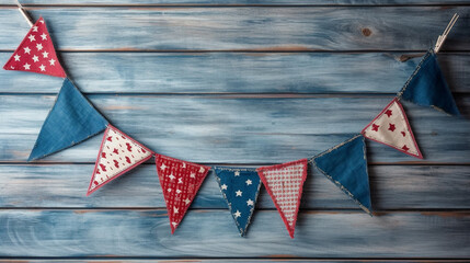 Obraz premium Patriotic American Themed Fourth of July Bunting Decoration Flat Lay - on Aged Blue Wood Backdrop with Copy Space - 4th of July Crafts - Cloth in USA Red, White, and Blue Flag Colors - Generative AI
