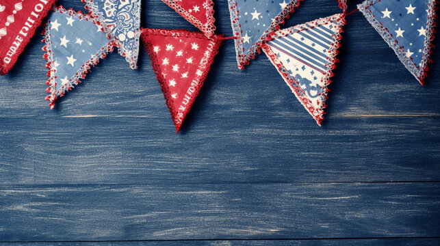 Patriotic American Themed Fourth of July Bunting Decoration Flat Lay - on Aged Blue Wood Backdrop with Copy Space - 4th of July Crafts - Cloth in USA Red, White, and Blue Flag Colors - Generative AI
