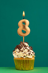 Birthday candle number 8 - Vertical anniversary card with green background