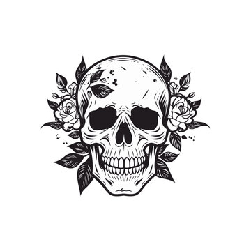 A skull and flowers vector illustration in black flat color, usable as icon or logo design