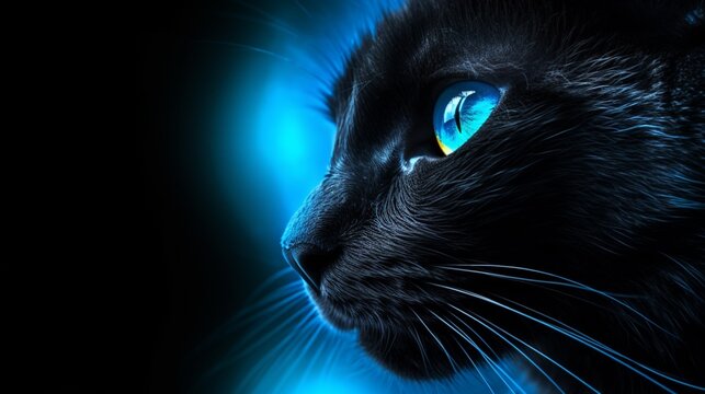 Black cats animal face with bright blue rays eyes AI Generated pictures