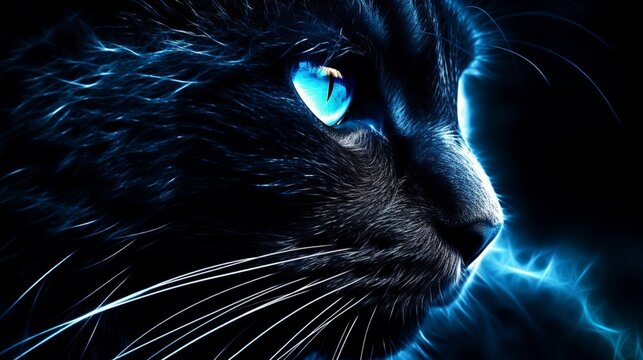 Black cats animal face with bright blue rays eyes AI Generated pictures