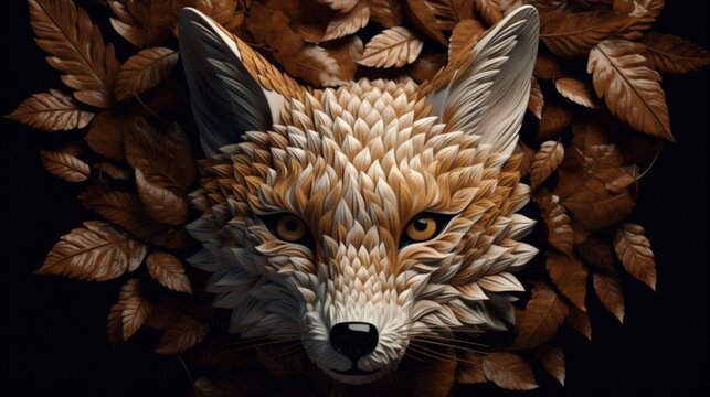 Fox animal face placed among leaves pictures AI Generated