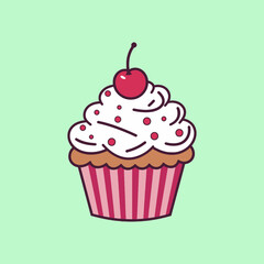 A white cupcake with cherry on top. Vector illustration in simple flat style on green background