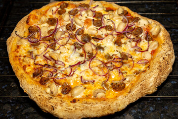 Traditional and exotic chicken heart pizza with mushrooms and onions. Delicious typical pizza from Rio Grande do Sul Brazil
