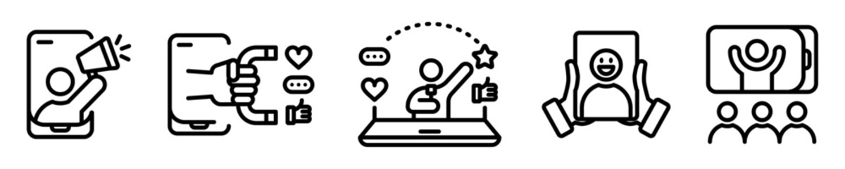 Conjunto de iconos de marketing de influencers. Estrategia de marketing, colaboración en redes sociales, publicidad. Ilustración vectorial