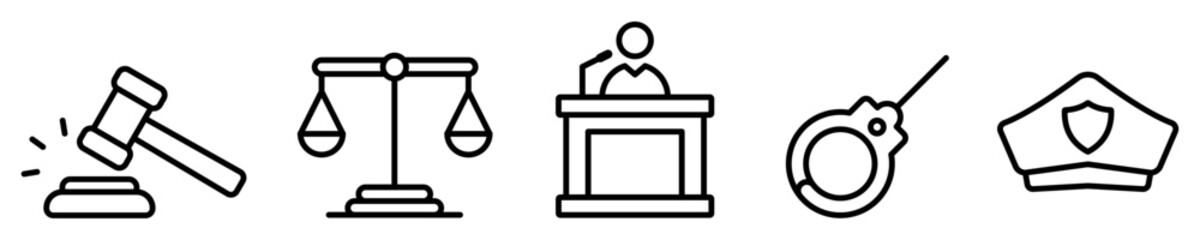 Conjunto de iconos de justicia. martillo de justicia, balanza e igualdad, juez, grillete, policía y seguridad. Ilustración vectorial