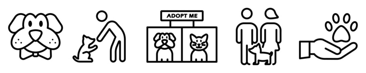 Conjunto de iconos de adopción de mascotas. Adopción de perros y gatos, cara de perro, familia, huella. Ilustración vectorial