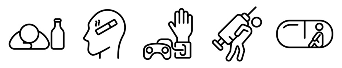 Conjunto de iconos de adicciones. Hábito de conducta. Adicción al alcohol, cigarro, videojuegos, drogas, medicamentos. Ilustración vectorial. Ilustración vectorial © Frank