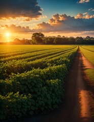 soybean plantation during sunset, with the vibrant colors of the setting sun casting a golden glow over the fields, highlighting the lush green soybean plants 