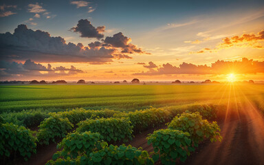 Fototapeta na wymiar soybean plantation during sunset, with the vibrant colors of the setting sun casting a golden glow over the fields, highlighting the lush green soybean plants 
