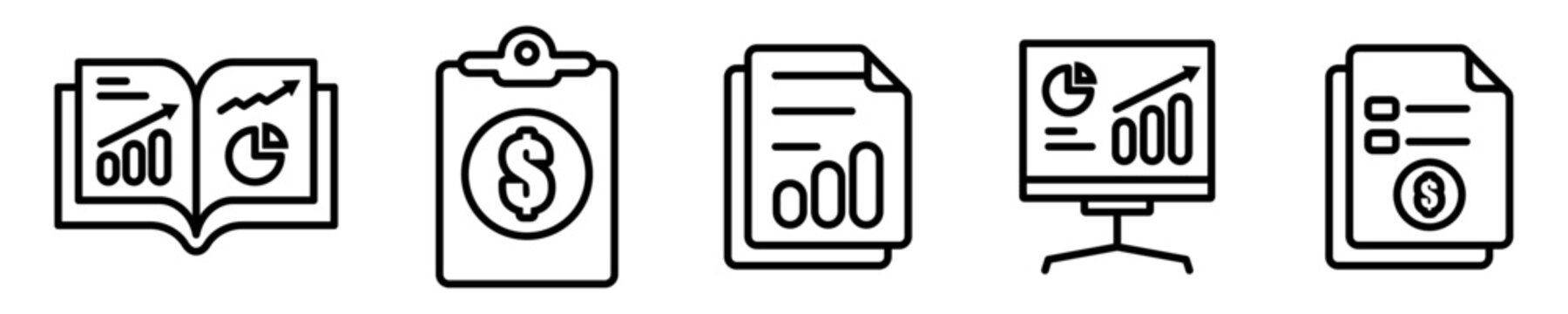 Conjunto de iconos de plan de negocios. Planificaci&oacute;n de proyecto empresarial, estrategia y objetivo del negocio, documento escrito. Ilustraci&oacute;n vectorial