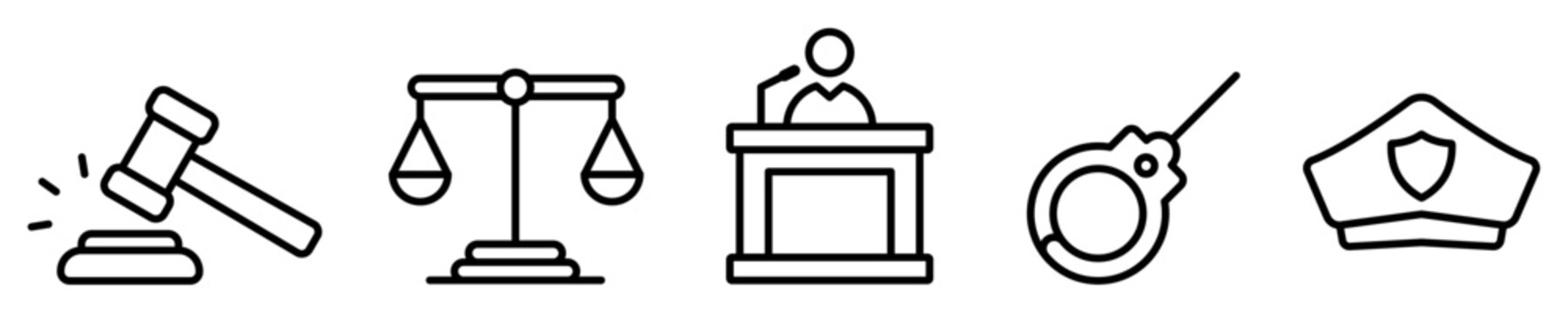 Conjunto de iconos de justicia. martillo de justicia, balanza e igualdad, juez, grillete, polic&iacute;a y seguridad. Ilustraci&oacute;n vectorial