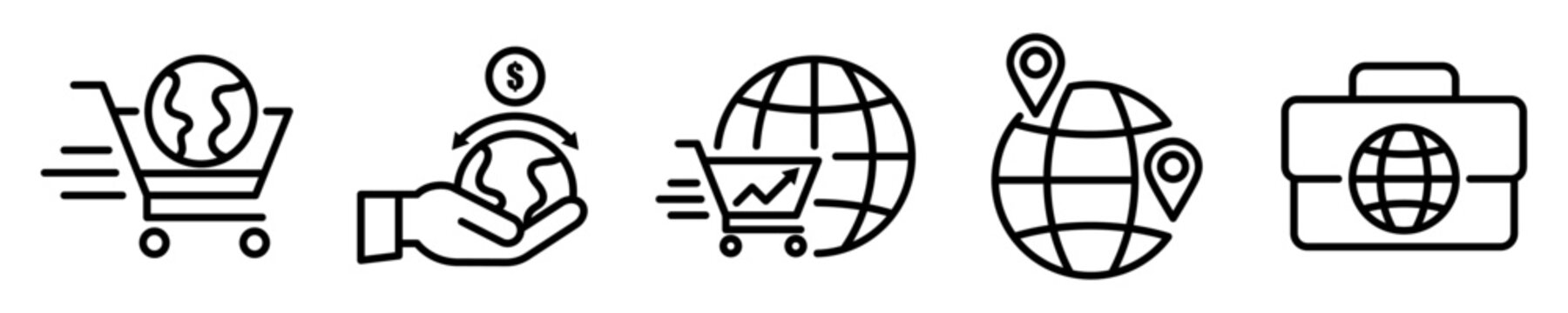 Conjunto de iconos de comercio internacional. Mercado global. Compra y venta de productos. Importación y exportación. Ilustración vectorial