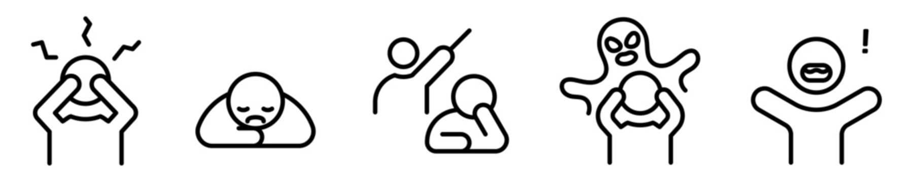 Conjunto de iconos de trastornos mentales. Ansiedad, depresi&oacute;n, d&eacute;ficit de atenci&oacute;n, esquizofrenia, conducta. Ilustraci&oacute;n vectorial