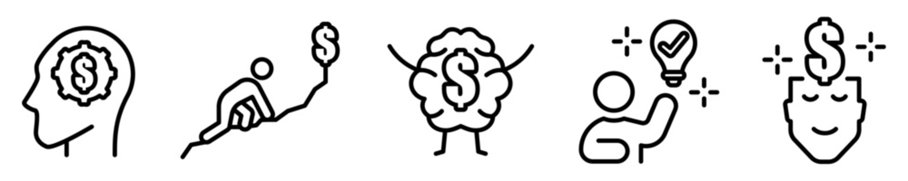 Conjunto de iconos de mentalidad millonaria. &Eacute;xito, idea, esfuerzo, trabajo, riqueza. Ilustraci&oacute;n vectorial