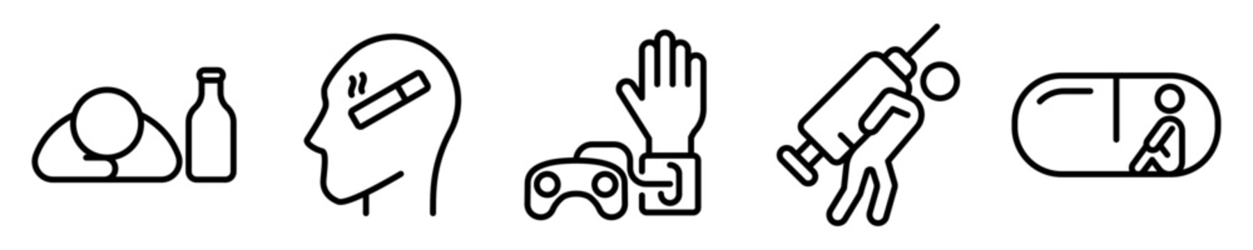 Conjunto de iconos de adicciones. H&aacute;bito de conducta. Adicci&oacute;n al alcohol, cigarro, videojuegos, drogas, medicamentos. Ilustraci&oacute;n vectorial. Ilustraci&oacute;n vectorial