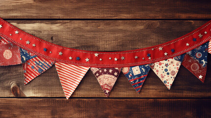 Fototapeta premium Patriotic American Themed Fourth of July Bunting Decoration Flat Lay - on Aged Brown Wood Backdrop with Copy Space - 4th of July Crafts - Cloth in USA Red, White, and Blue Flag Colors - Generative AI