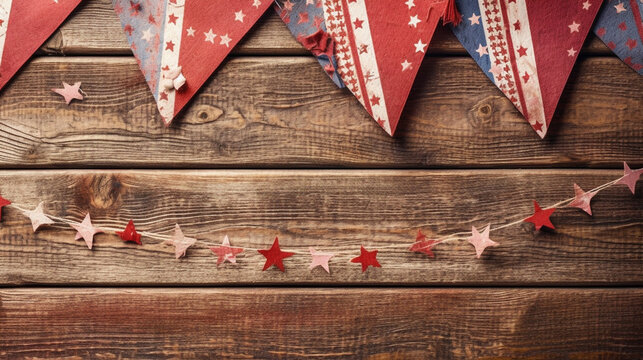 Patriotic American Themed Fourth of July Bunting Decoration Flat Lay - on Aged Brown Wood Backdrop with Copy Space - 4th of July Crafts - Cloth in USA Red, White, and Blue Flag Colors - Generative AI