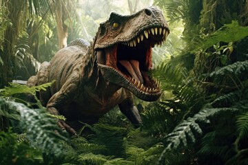 Fototapeta premium Wild Tyrannosaurus Rex in the jungle. Generative AI